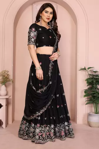 Glamourous Black sequins Embroidery work on Star Georgette Indian tradional wedding lehenga Choli dress