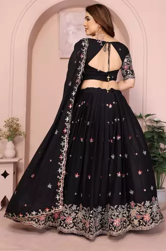 Glamourous Black sequins Embroidery work on Star Georgette Indian tradional wedding lehenga Choli dress