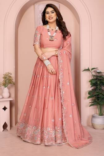 Glamorous Peach thread embroidery with sequins work Star Georgette Indian ceremonial lehenga Choli dress