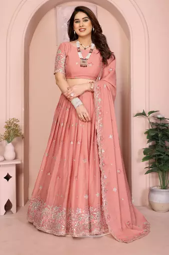 Glamorous Peach thread embroidery with sequins work Star Georgette Indian ceremonial lehenga Choli dress