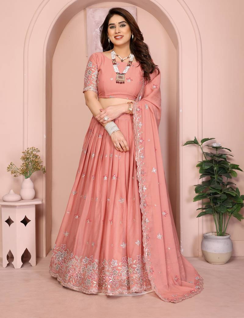 Glamorous Peach thread embroidery with sequins work Star Georgette Indian ceremonial lehenga Choli dress
