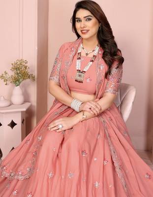Glamorous Peach thread embroidery with sequins work Star Georgette Indian ceremonial lehenga Choli dress 2