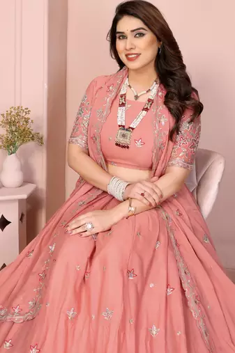 Glamorous Peach thread embroidery with sequins work Star Georgette Indian ceremonial lehenga Choli dress