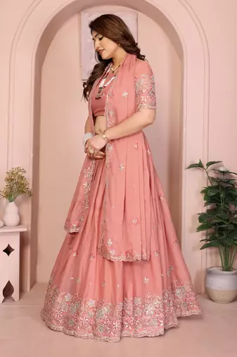 Glamorous Peach thread embroidery with sequins work Star Georgette Indian ceremonial lehenga Choli dress