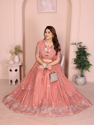 Glamorous Peach thread embroidery with sequins work Star Georgette Indian ceremonial lehenga Choli dress 4