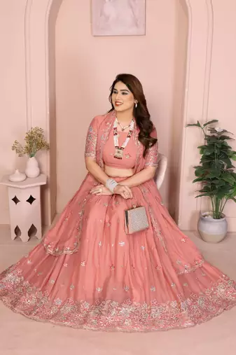 Glamorous Peach thread embroidery with sequins work Star Georgette Indian ceremonial lehenga Choli dress
