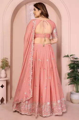 Glamorous Peach thread embroidery with sequins work Star Georgette Indian ceremonial lehenga Choli dress