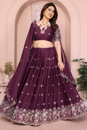 Graceful Purple thread with sequins work Star Georgette Indian wedding lehenga Choli dress