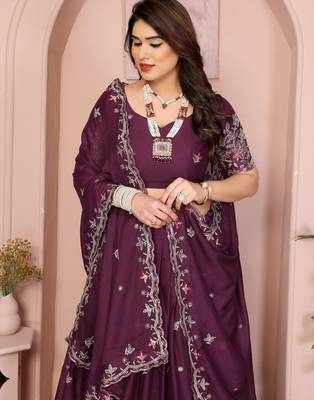 Graceful Purple thread with sequins work Star Georgette Indian wedding lehenga Choli dress 2