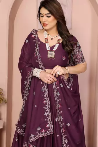 Graceful Purple thread with sequins work Star Georgette Indian wedding lehenga Choli dress