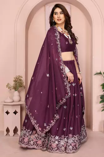 Graceful Purple thread with sequins work Star Georgette Indian wedding lehenga Choli dress