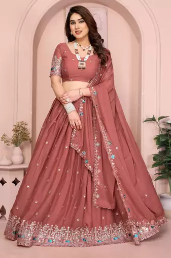 Charming Salmon sequence and thread embroidery work Star Georgette indian designer lehenga Choli dress