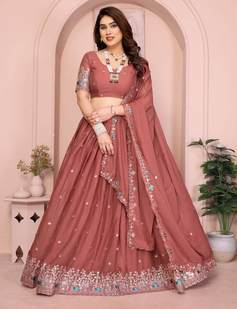 Charming Salmon sequence and thread embroidery work Star Georgette indian designer lehenga Choli dress