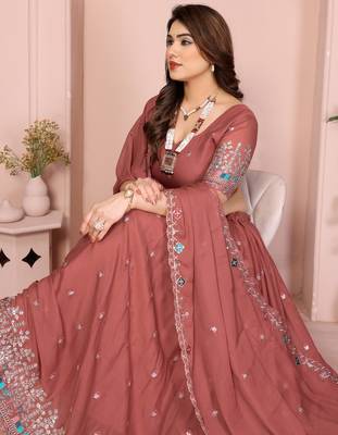 Charming Salmon sequence and thread embroidery work Star Georgette indian designer lehenga Choli dress 2