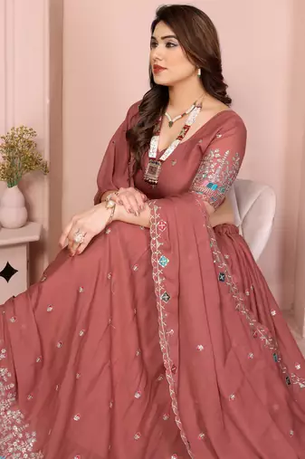 Charming Salmon sequence and thread embroidery work Star Georgette indian designer lehenga Choli dress