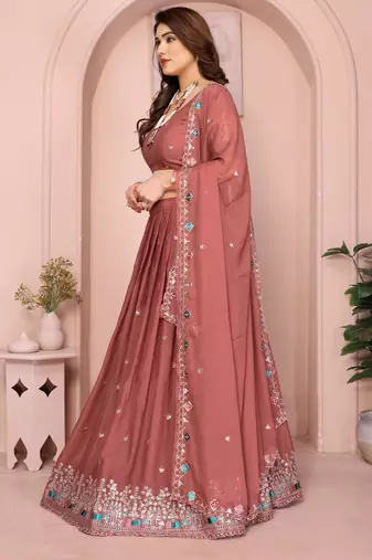 Charming Salmon sequence and thread embroidery work Star Georgette indian designer lehenga Choli dress