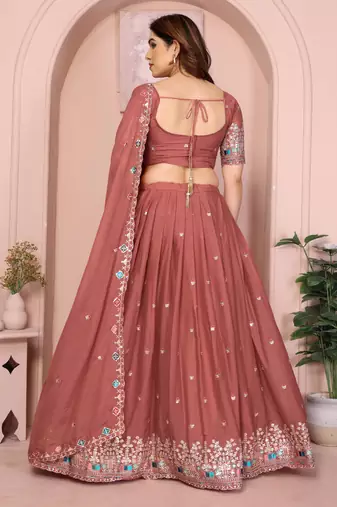 Charming Salmon sequence and thread embroidery work Star Georgette indian designer lehenga Choli dress