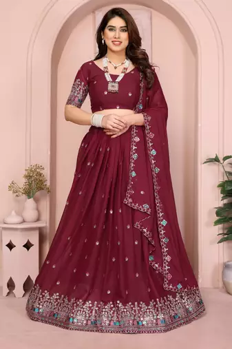 Colorful Maroon sequins and Dori embroidery work Star Georgette indian designer wedding lehenga Choli dress