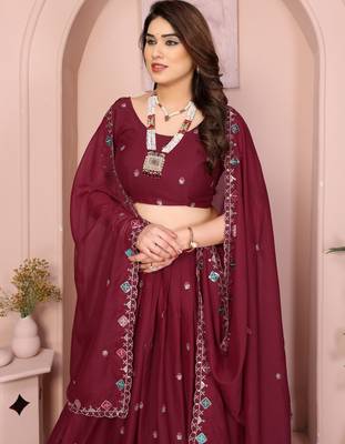Colorful Maroon sequins and Dori embroidery work Star Georgette indian designer wedding lehenga Choli dress 2
