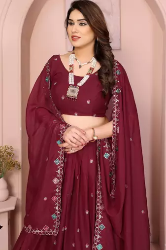 Colorful Maroon sequins and Dori embroidery work Star Georgette indian designer wedding lehenga Choli dress