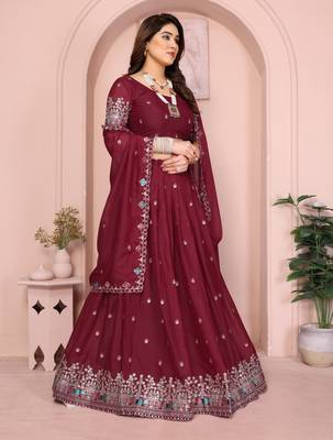 Colorful Maroon sequins and Dori embroidery work Star Georgette indian designer wedding lehenga Choli dress 3