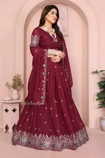 Colorful Maroon sequins and Dori embroidery work Star Georgette indian designer wedding lehenga Choli dress