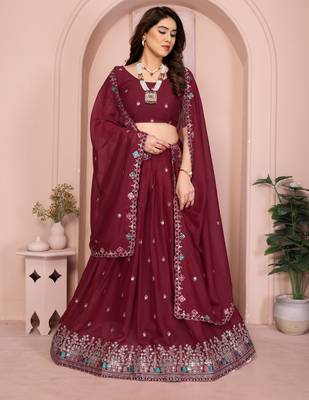 Colorful Maroon sequins and Dori embroidery work Star Georgette indian designer wedding lehenga Choli dress 4