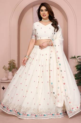 Comely White Sequins and Thread Embroidered work Star Georgette designer wedding indian lehenga Choli dress