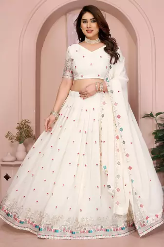Comely White Sequins and Thread Embroidered work Star Georgette designer wedding indian lehenga Choli dress