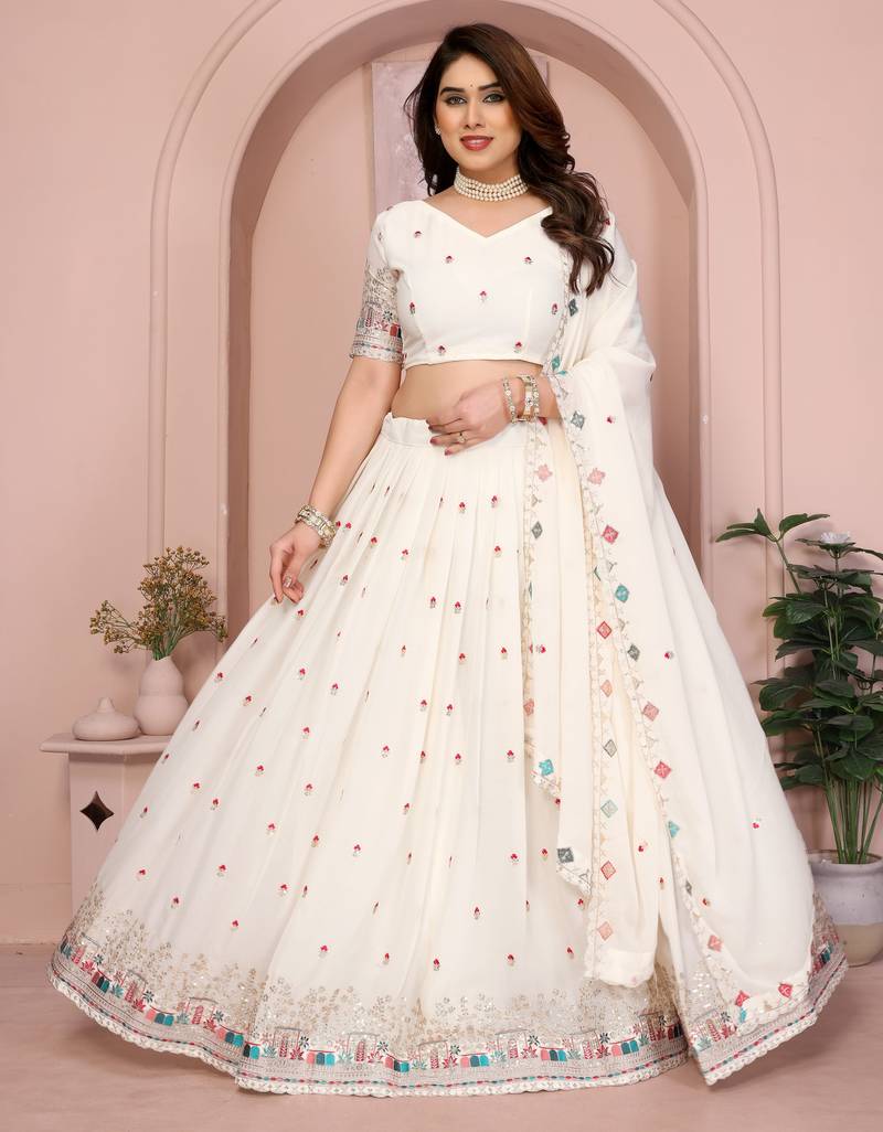 Comely White Sequins and Thread Embroidered work Star Georgette designer wedding indian lehenga Choli dress