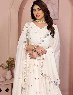 Comely White Sequins and Thread Embroidered work Star Georgette designer wedding indian lehenga Choli dress 2