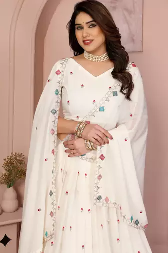 Comely White Sequins and Thread Embroidered work Star Georgette designer wedding indian lehenga Choli dress