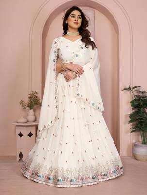 Comely White Sequins and Thread Embroidered work Star Georgette designer wedding indian lehenga Choli dress 3