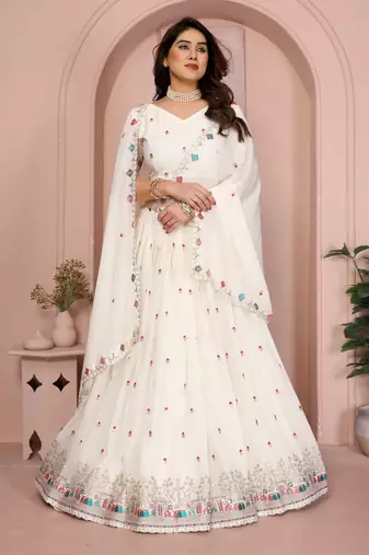 Comely White Sequins and Thread Embroidered work Star Georgette designer wedding indian lehenga Choli dress
