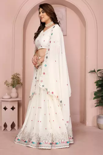 Comely White Sequins and Thread Embroidered work Star Georgette designer wedding indian lehenga Choli dress