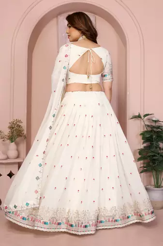 Comely White Sequins and Thread Embroidered work Star Georgette designer wedding indian lehenga Choli dress