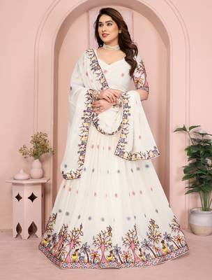Delightfully White Embroidery work with thread and Sequins Star Georgette Designer party wear lehenga Choli dress 1