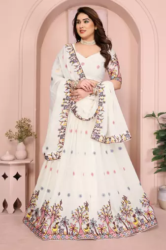 Delightfully White Embroidery work with thread and Sequins Star Georgette Designer party wear lehenga Choli dress