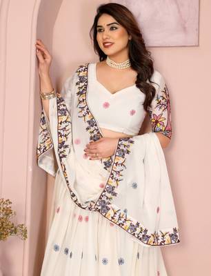 Delightfully White Embroidery work with thread and Sequins Star Georgette Designer party wear lehenga Choli dress 2
