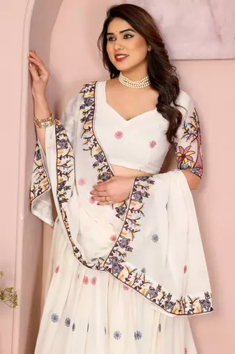 Delightfully White Embroidery work with thread and Sequins Star Georgette Designer party wear lehenga Choli dress