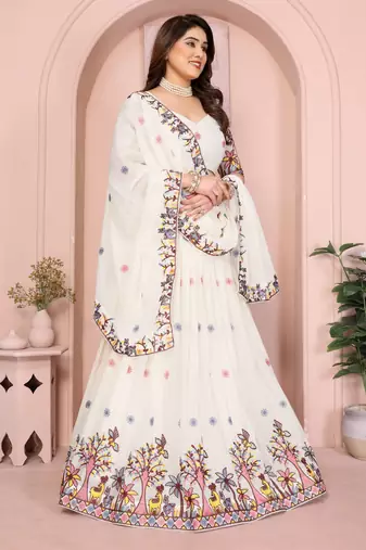 Delightfully White Embroidery work with thread and Sequins Star Georgette Designer party wear lehenga Choli dress