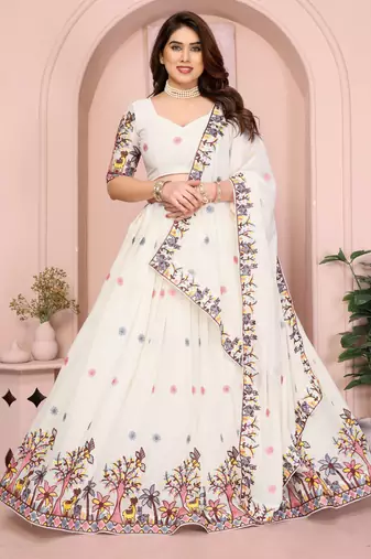 Delightfully White Embroidery work with thread and Sequins Star Georgette Designer party wear lehenga Choli dress