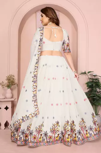 Delightfully White Embroidery work with thread and Sequins Star Georgette Designer party wear lehenga Choli dress