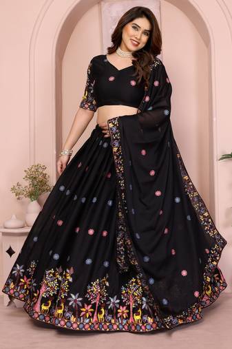 Captivating Black Sequins work and Thread work Star Georgette Designer Wedding Indian lehenga Choli Dress