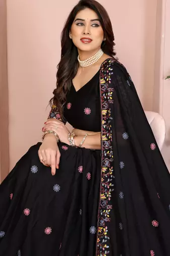 Captivating Black Sequins work and Thread work Star Georgette Designer Wedding Indian lehenga Choli Dress