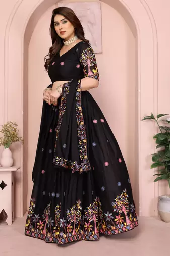 Captivating Black Sequins work and Thread work Star Georgette Designer Wedding Indian lehenga Choli Dress