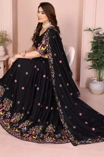 Captivating Black Sequins work and Thread work Star Georgette Designer Wedding Indian lehenga Choli Dress
