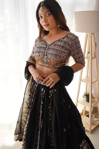 Black Color Thread With Sequence Work Faux Georgette Lehenga Choli
