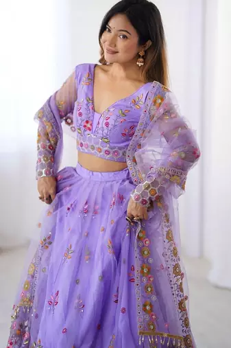 Lavender Color Thread With Sequence Work Net Lehenga Choli