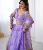 Lavender Color Thread With Sequence Work Net Lehenga Choli